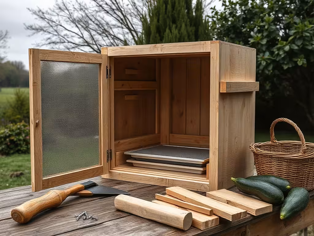Détail d'un séchoir solaire maison avec claies amovibles pour récoltes du potager.