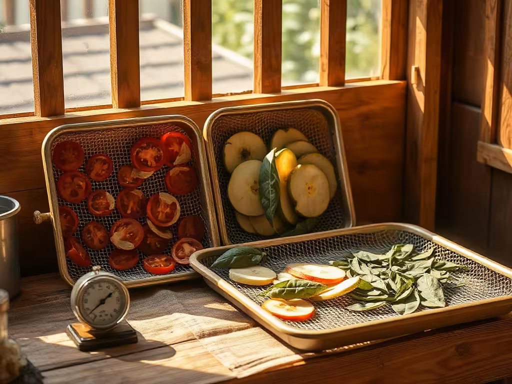 Claies de déshydrateur solaire avec tomates, pommes et herbes en cours de séchage.