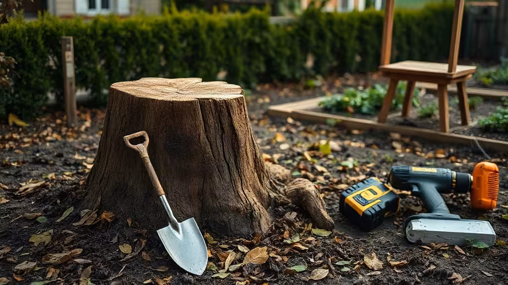 Souche d’arbre fraîchement coupée dans un jardin avant destruction de souche
