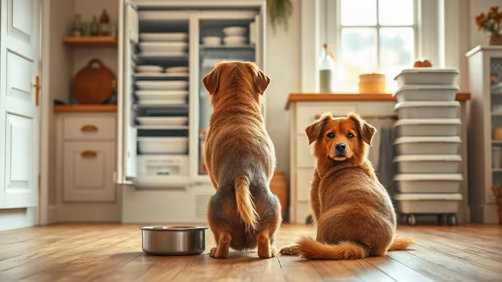 Avis Dogfy Diet : chien devant des portions de repas frais et un congélateur domestique.
