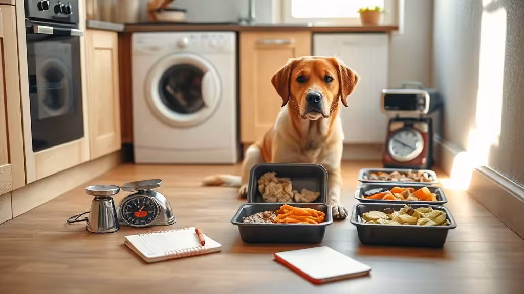 Prix Dogfy Diet : chien devant ses portions de repas frais et une balance de cuisine.