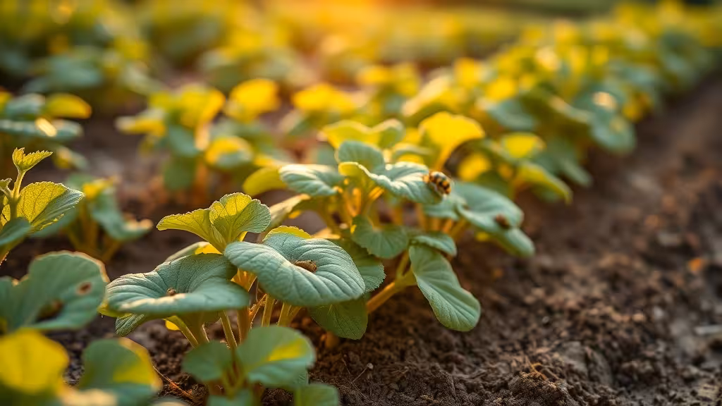 Jeunes plants de pommes de terre avec dégâts de doryphores visibles au lever du soleil