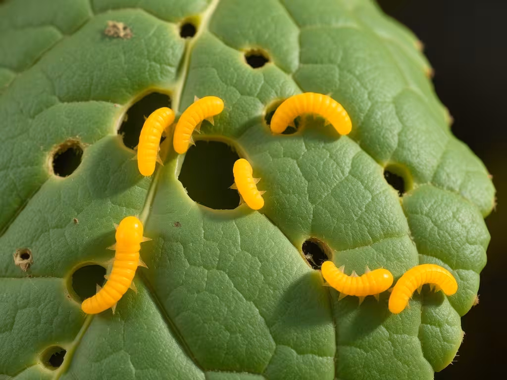 Larves de doryphore jaune-orange en train de dévorer une feuille de pomme de terre
