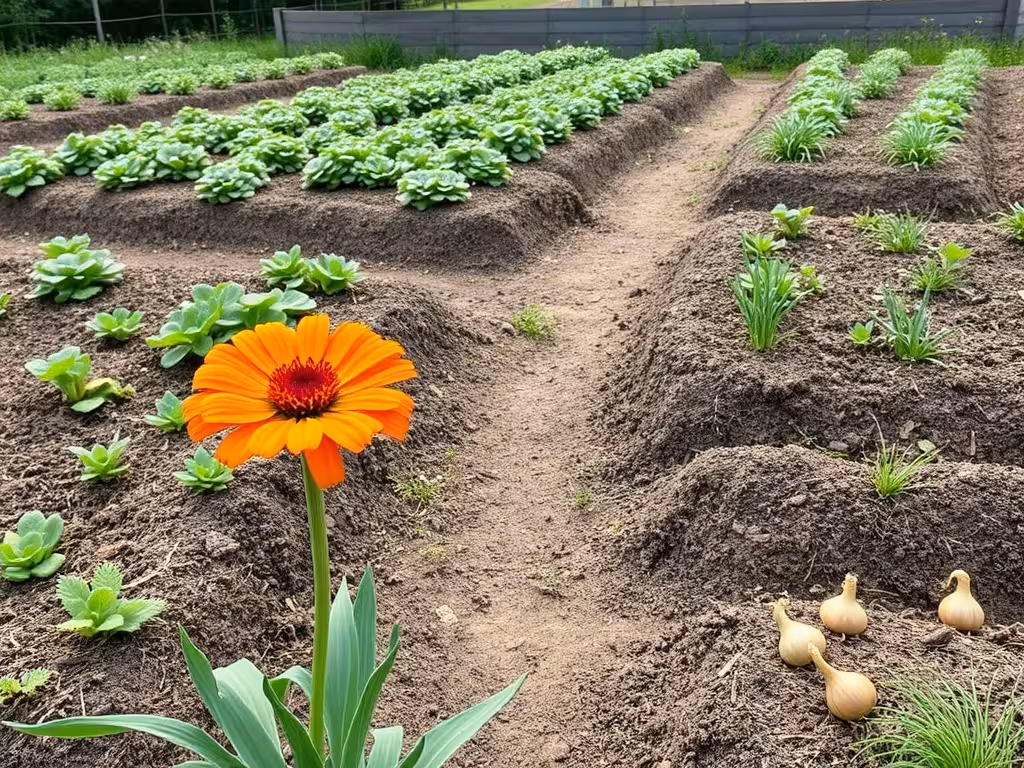 Parcelle de potager diversifiée en rotation avec pommes de terre associées à des capucines et ail