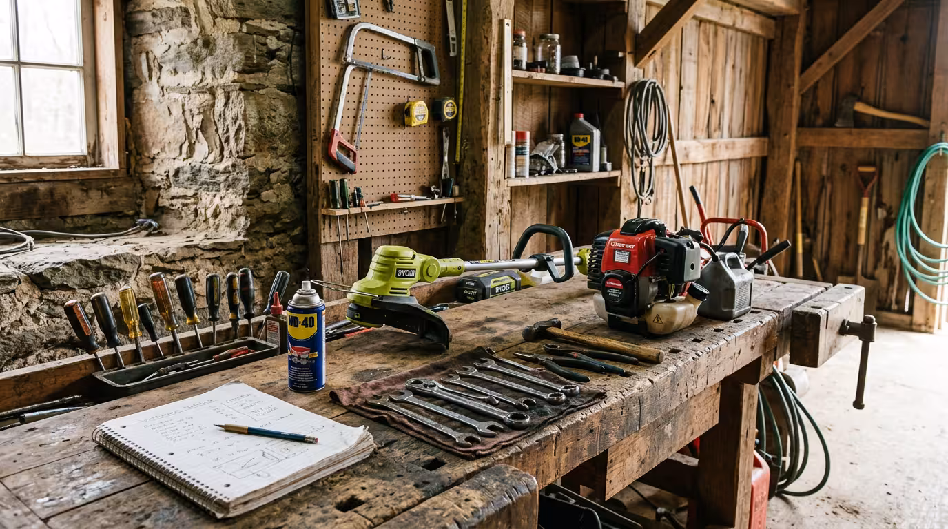 Établi de printemps avec petit matériel motoculture, outils et carnet de maintenance