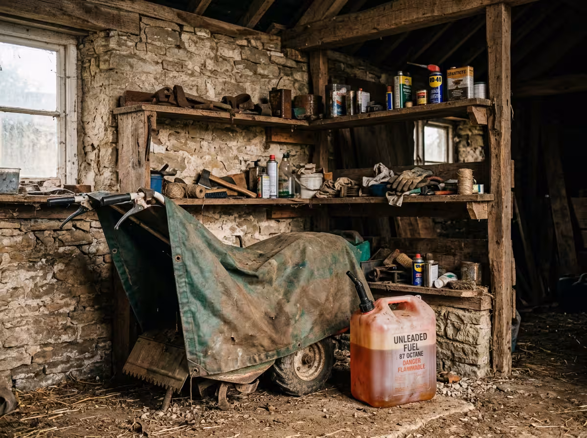 Stockage hivernal d'un bidon de carburant et matériel motoculture couvert