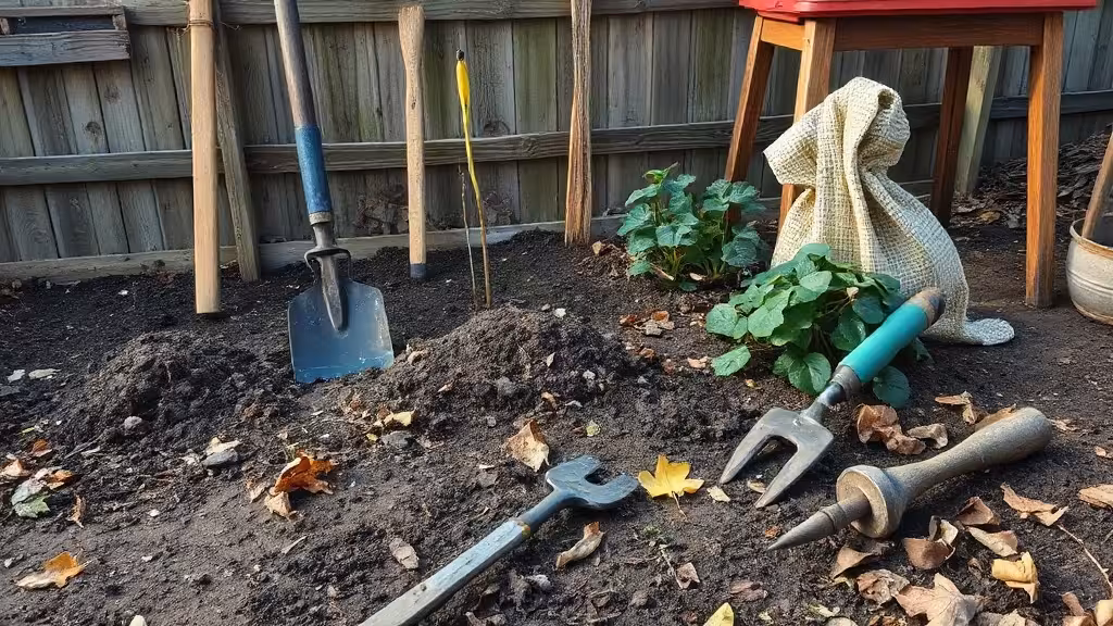 Fabriquer du terreau maison avec compost mûr, feuilles et outils de jardin.