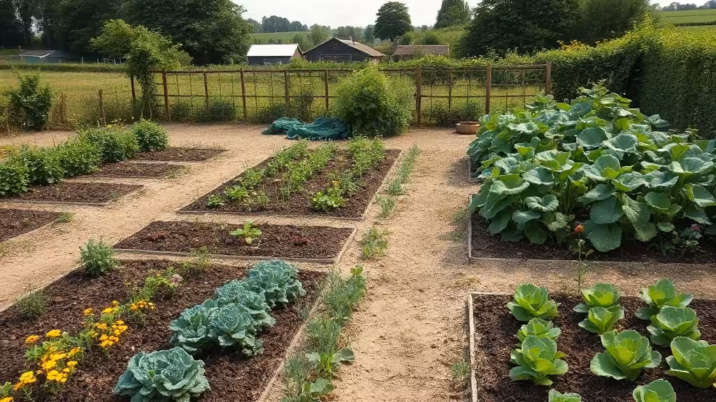 Potager diversifié montrant les facteurs biotiques et abiotiques qui influencent les cultures.