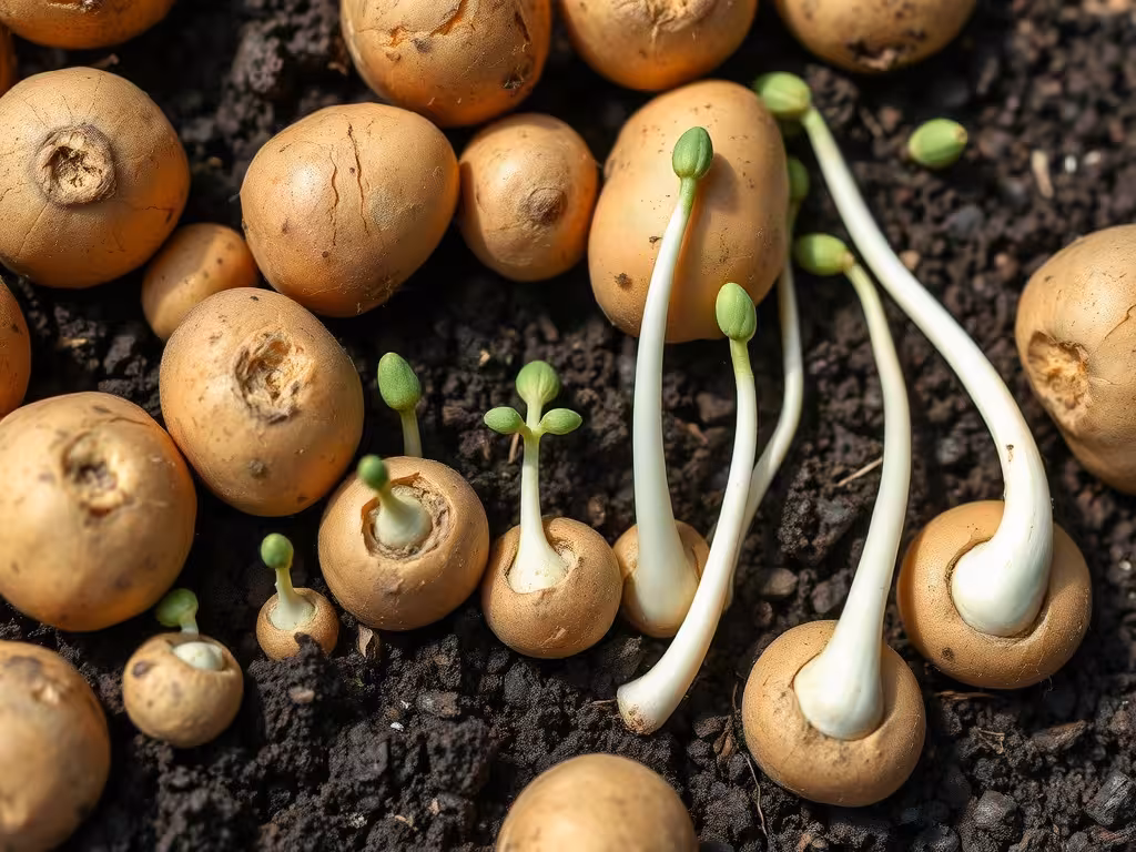 Pommes de terre à différents stades de germination : germes courts, moyens et développés