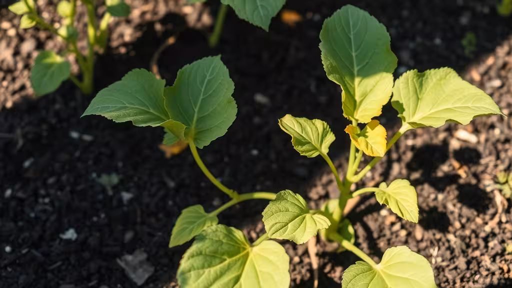 Feuilles jaunies sur un plant de légume dans un jardin, symptôme de chlorose visible en lumière naturelle
