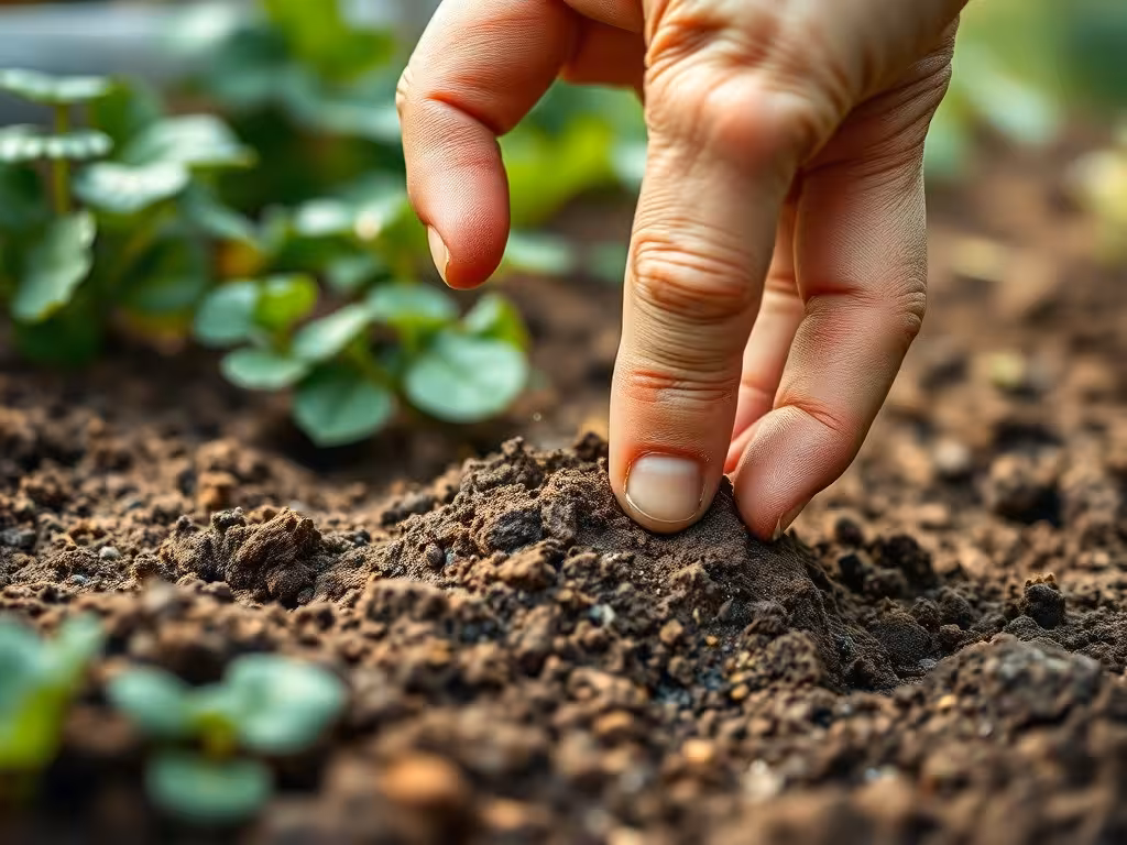Main d'un jardinier testant l'humidité du sol pour vérifier l'arrosage en jardin