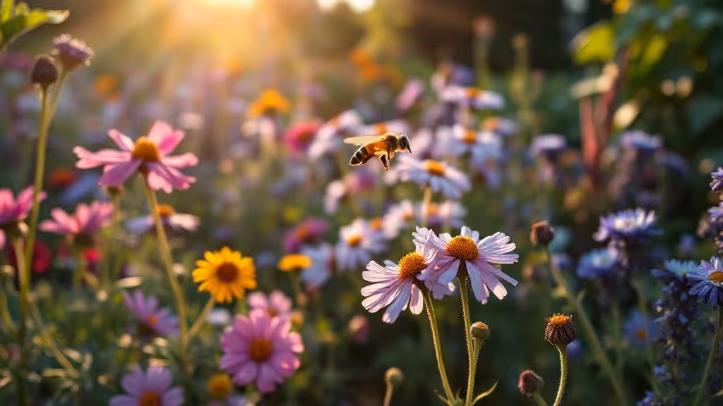 Massif de fleurs pollinisatrices en fleur avec une abeille en vol dans un jardin en lumière dorée.