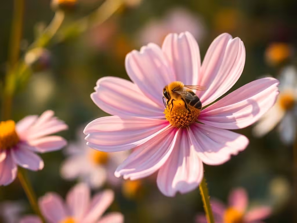 Abeille qui butine une fleur simple de cosmos rose, montrant l'accessibilité des fleurs pollinisatrices.