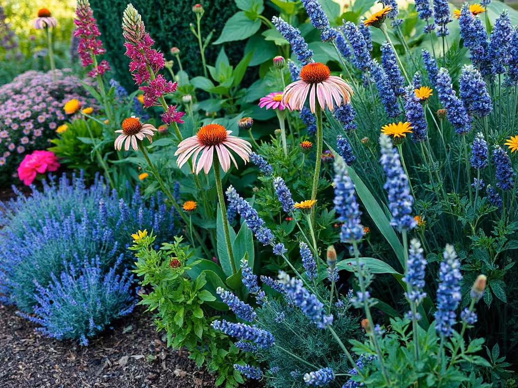 Bordure permaculture avec un mélange de fleurs mellifères et aromatiques de hauteurs variées, montrant une guilde de pollinisateurs.