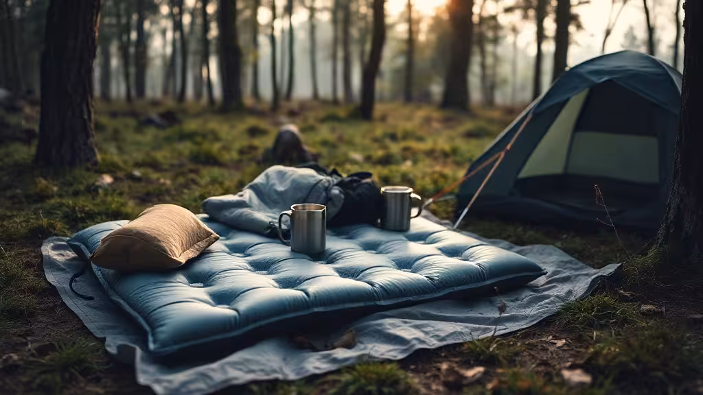Avis Flextail : mini-pompe compacte près d’un matelas de bivouac en forêt.