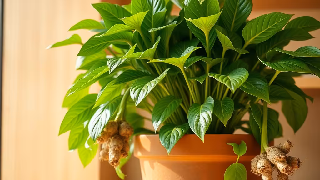 Plant de gingembre en pot avec feuillage vert luxuriant et rhizome frais visible, ambiance de culture domestique.