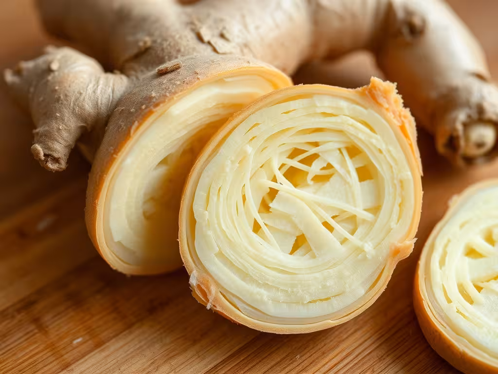 Rhizome de gingembre frais coupé en deux, révélant les fibres internes et la structure caractéristique.