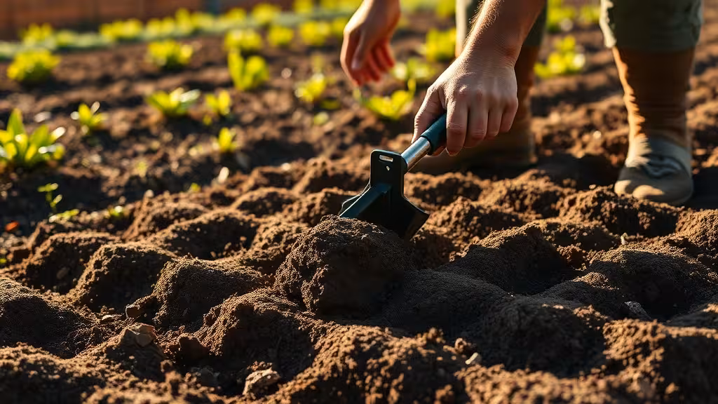 Jardinier utilisant une grelinette pour aérer la terre d'un potager, sol en cours de travail montrant la texture préservée