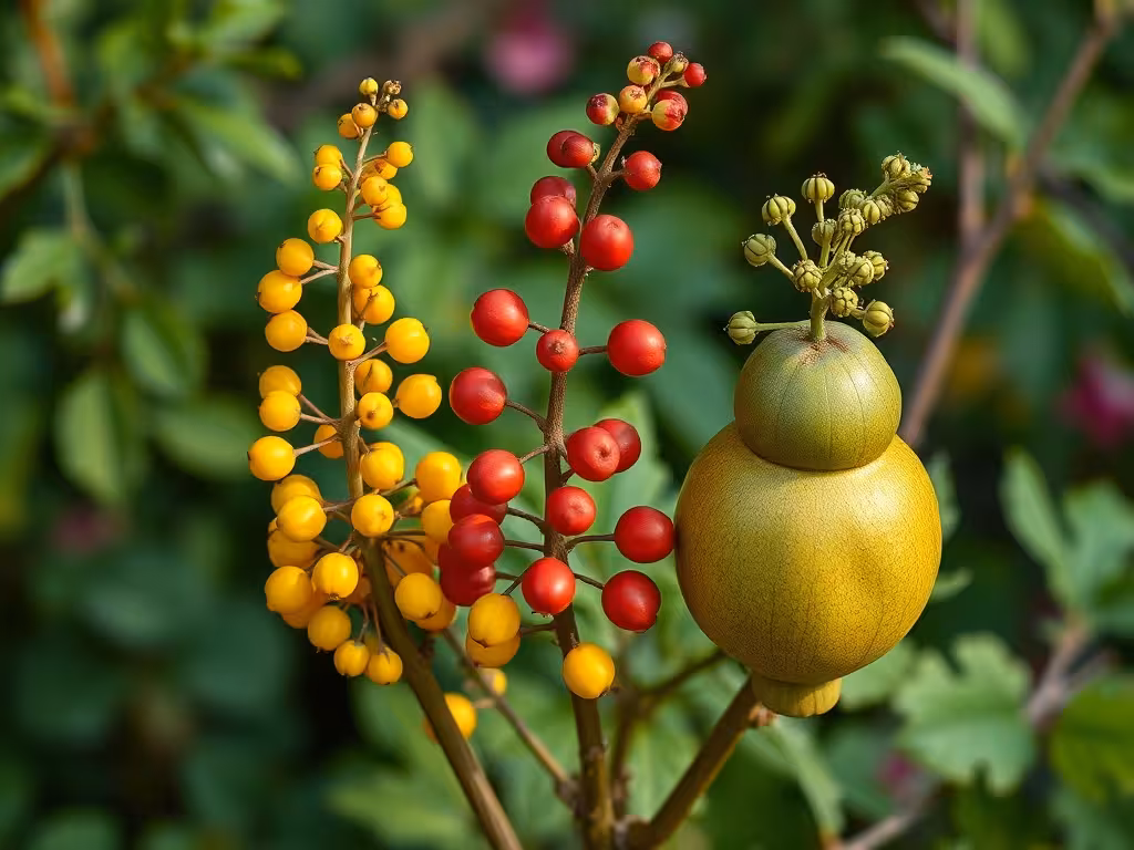 Trois variétés de groseilles à maquereau : jaune, rouge et verte, montrant la diversité de calibre et couleur.