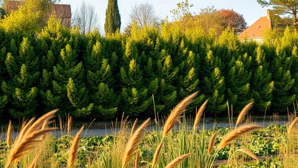 Haie coupe vent mélangée protégeant un potager exposé aux vents dominants