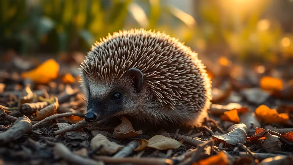 Hérisson fouillant la litière du jardin à la tombée de la nuit, cherchant sa nourriture naturelle.