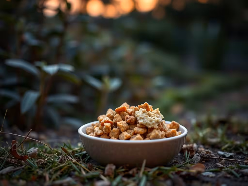 Écuelle de nourriture adaptée pour hérisson dans un jardin naturel, ambiance crépuscule.
