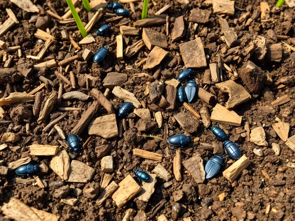 Détail d'une butte de permaculture riche en insectes et en vie du sol, nourriture naturelle du hérisson.