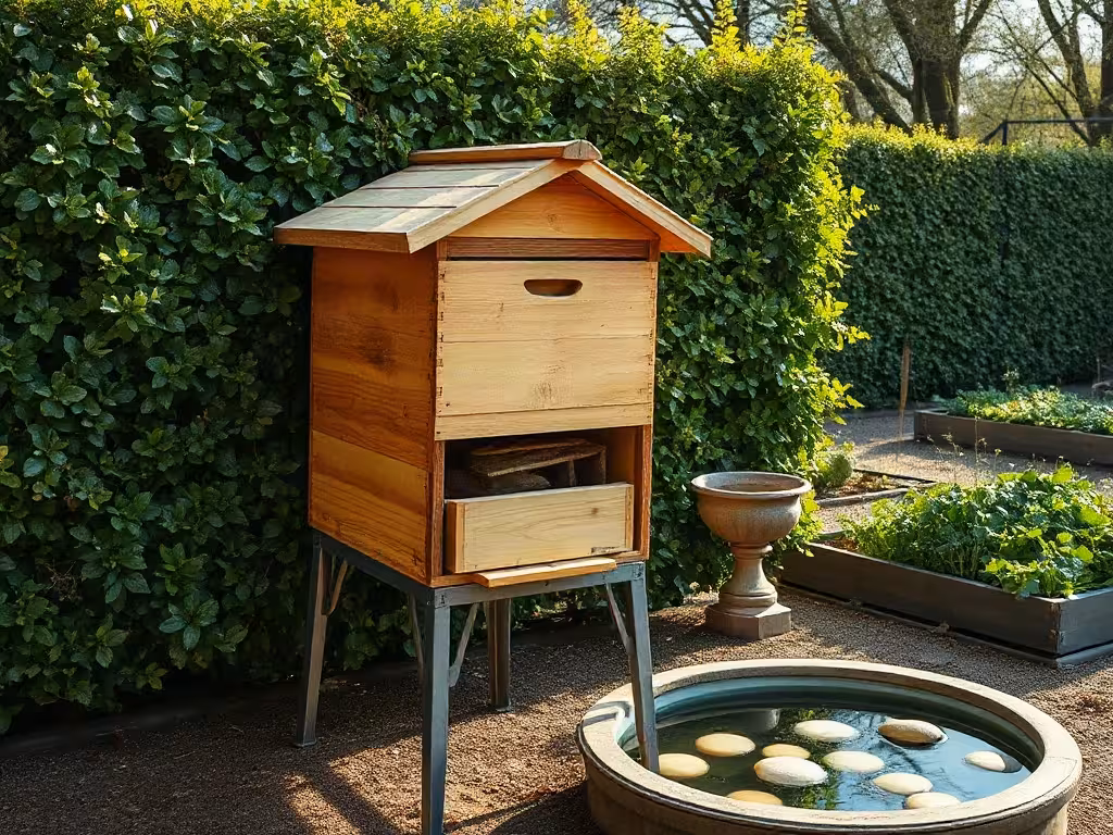 Emplacement protégé pour installer une ruche dans son jardin, avec haie et point d’eau.