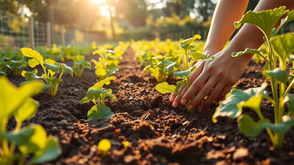 Jardin potager malin avec paillage et légumes en croissance, lumière naturelle du matin.