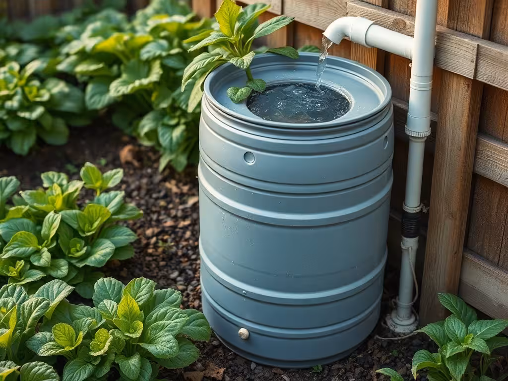 Récupérateur d'eau de pluie au jardin pour un arrosage malin et économe.