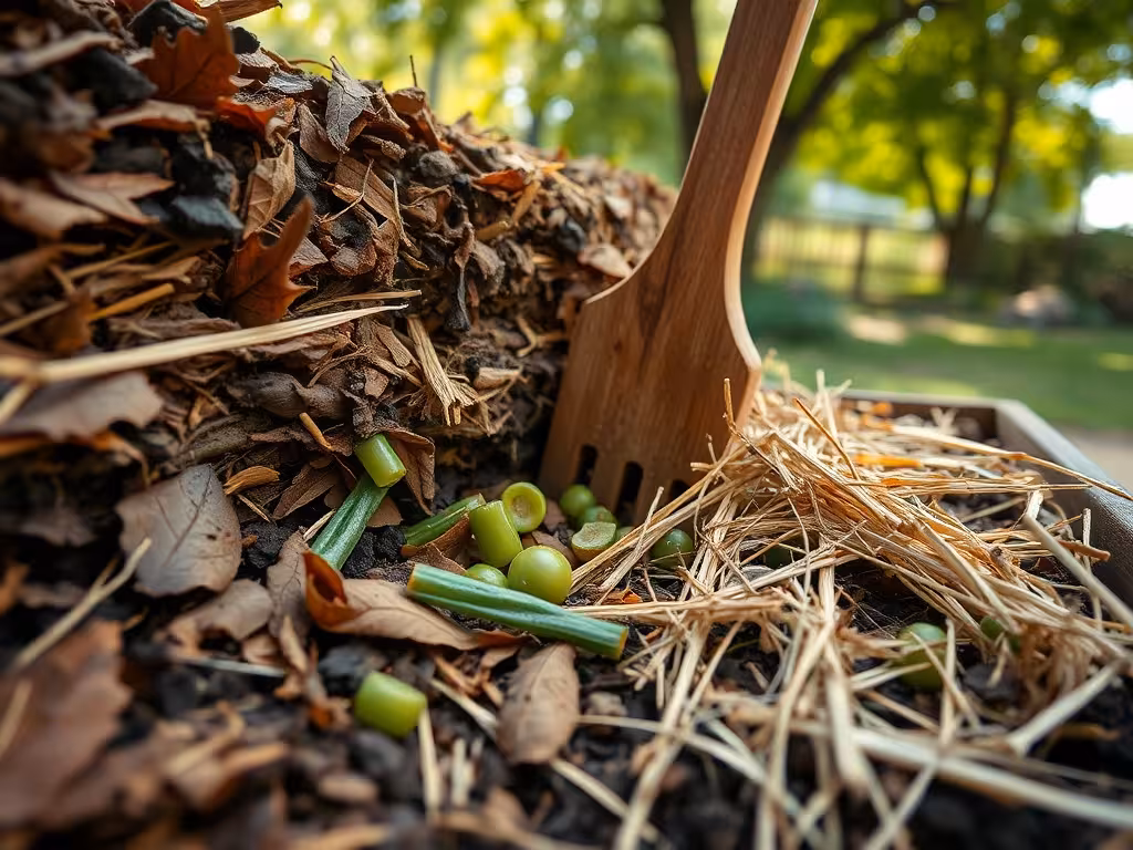 Bac de compost maison montrant les couches de matières organiques en décomposition.