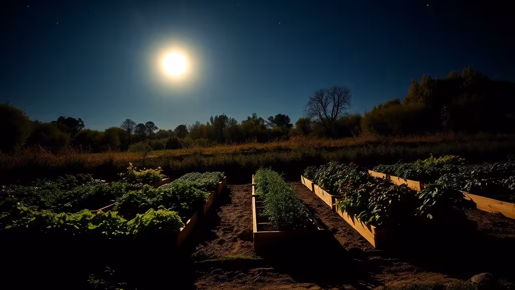 Pleine lune illuminant un potager de nuit avec buttes et cultures en silhouette