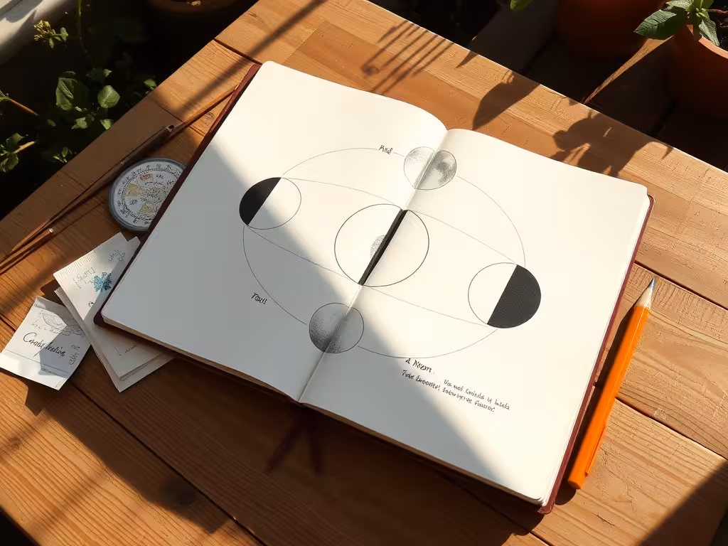 Cycles lunaires illustrés sur une table de jardinage avec carnet et semences