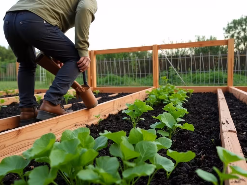Jardinier semant en butte lasagne avec lune croissante visible en permaculture