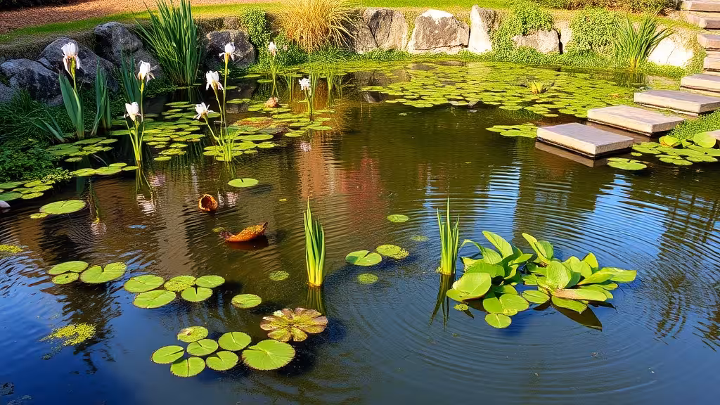Mare naturelle de jardin établie avec nénuphars et plantes aquatiques de berges