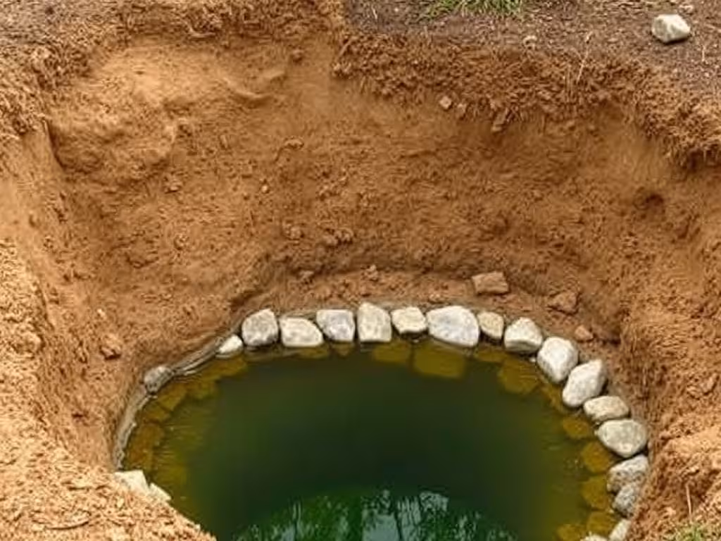 Chantier d'installation d'une mare : excavation en pente douce avec pierres de stabilisation