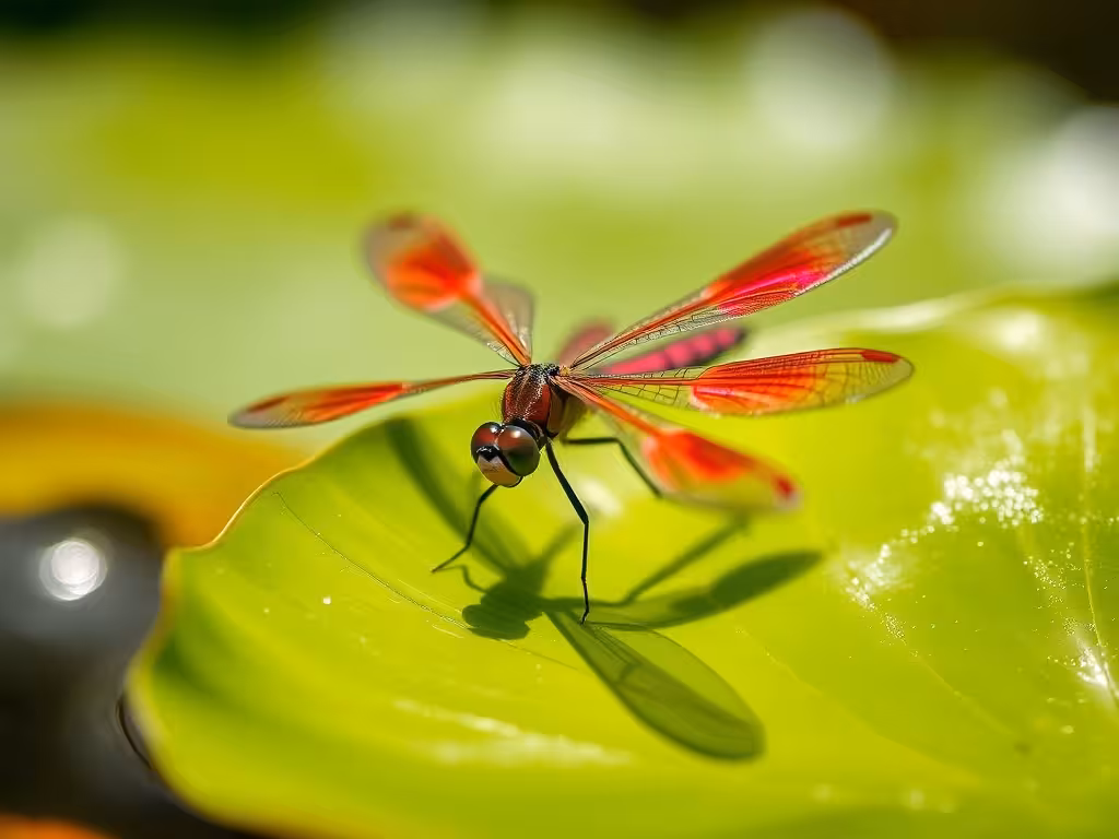 Libellule rouge posée sur feuille de nénuphar - faune aquatique d'une mare de jardin