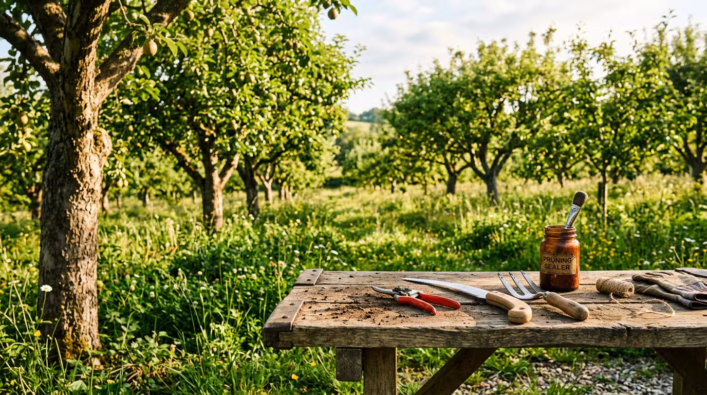 Matériel verger permaculture : outils essentiels disposés en lumière douce à proximité d'arbres fruitiers adultes.