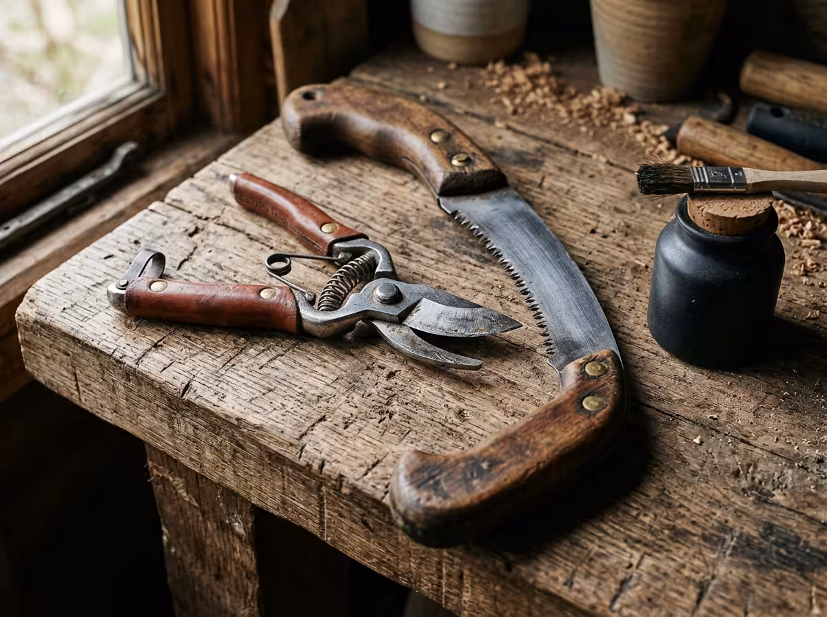 Sécateurs et scie d'élagage pour la taille : outils de qualité premium posés sur établi rustique en bois ancien.