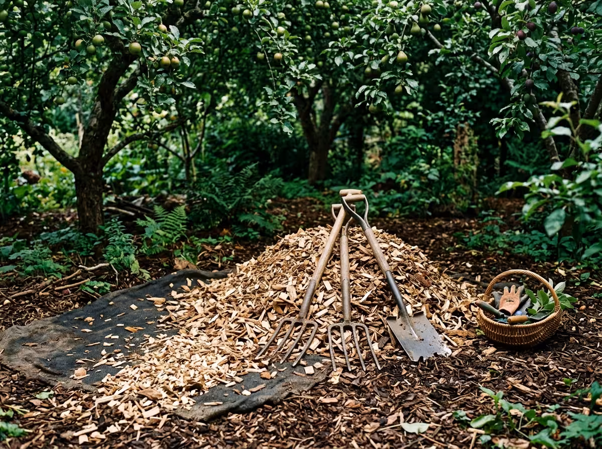 Broyeur et fourches : matériel verger permaculture pour la gestion du BRF et du paillage carbone.