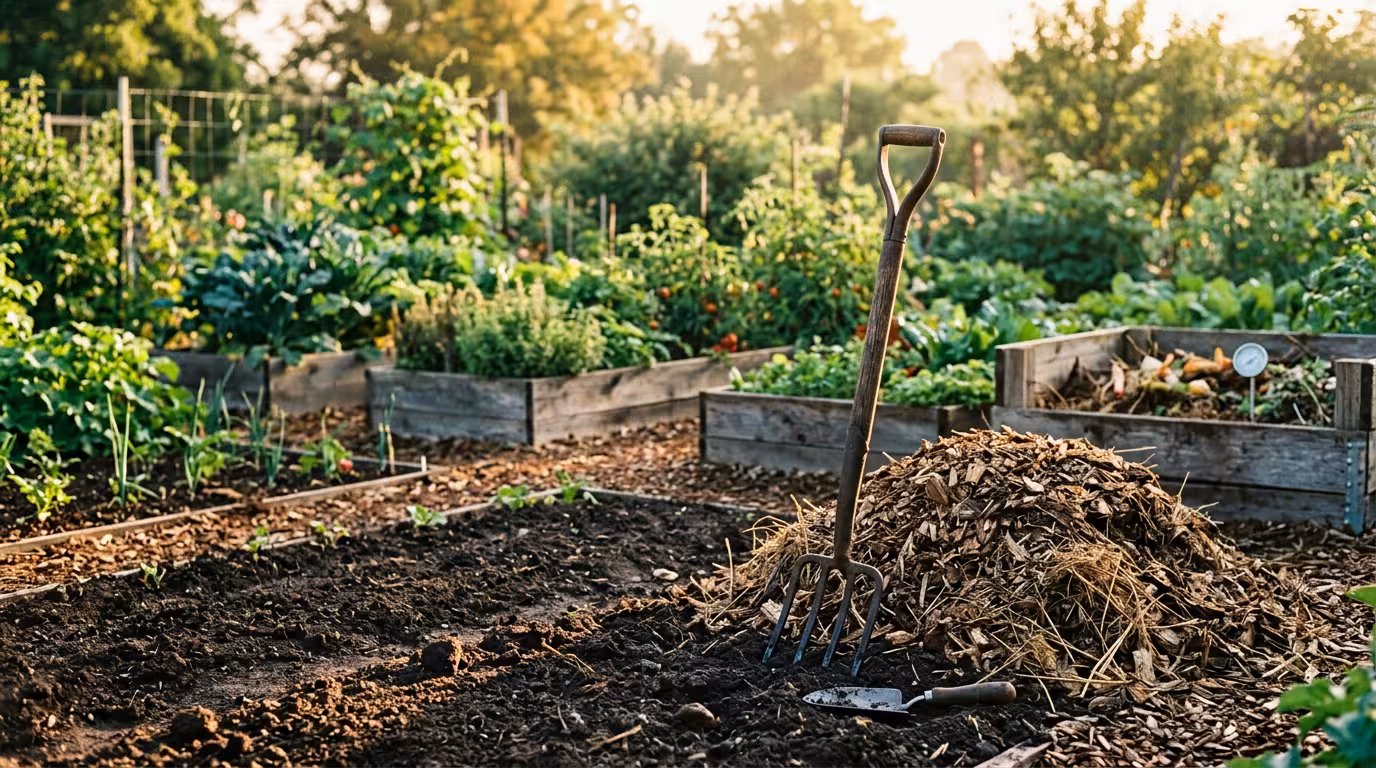 Jardin potager en permaculture avec sol fraîchement travaillé, grelinette appuyée contre paillis, lumière dorée naturelle