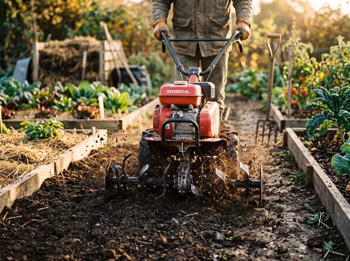 Motoculteur rotatif en action travaillant un jardin potager, sol noir remuée, lumière naturelle et dorée