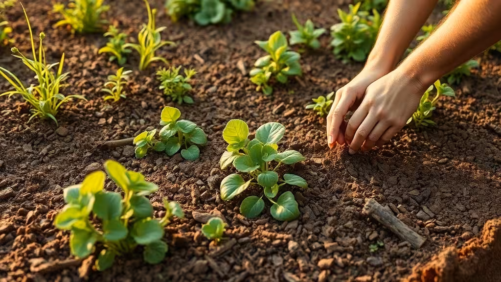 Lits de jardin paillés établis avec mulch foncé, plantes vertes vigoureuses, mains de jardinier organisant la couche de paillage