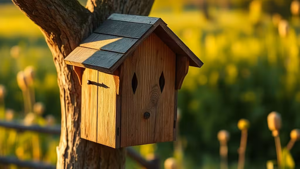 Nichoir chauve-souris en bois installé en hauteur, ambiance jardin au crépuscule.