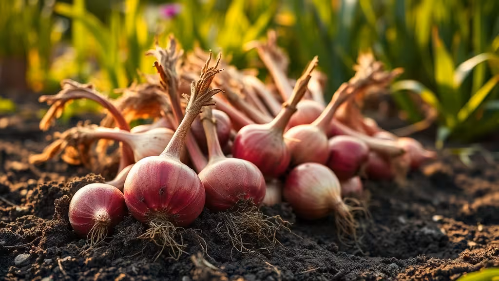 récolte fraîche d'oignons rouges au potager : bulbes fraîchement déterrés avec terre aux racines