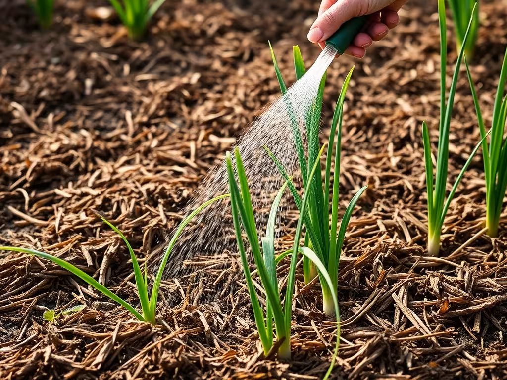 arrosage d'oignons rouges avec paillage épais visible : technique essentielle de culture