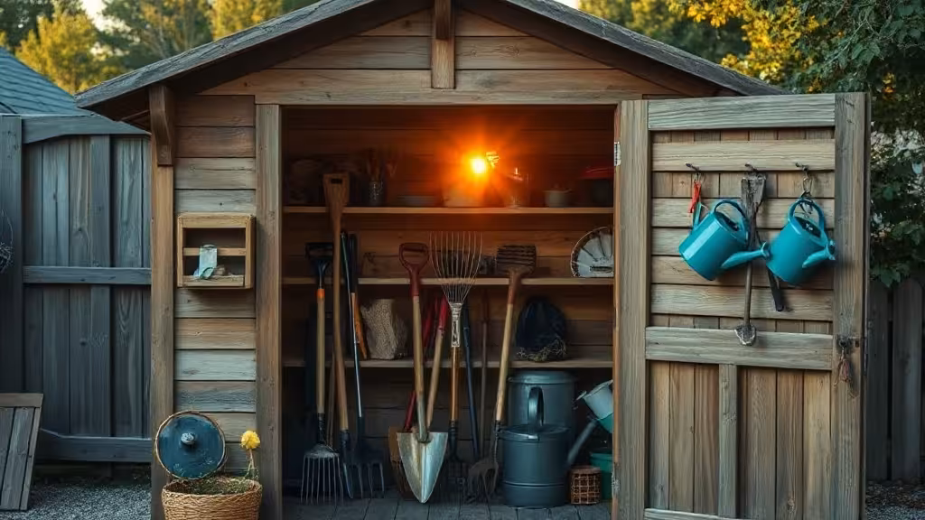 Rangement d'outils de jardin en bois ouvert, montrant outils bien organisés en lumière naturelle