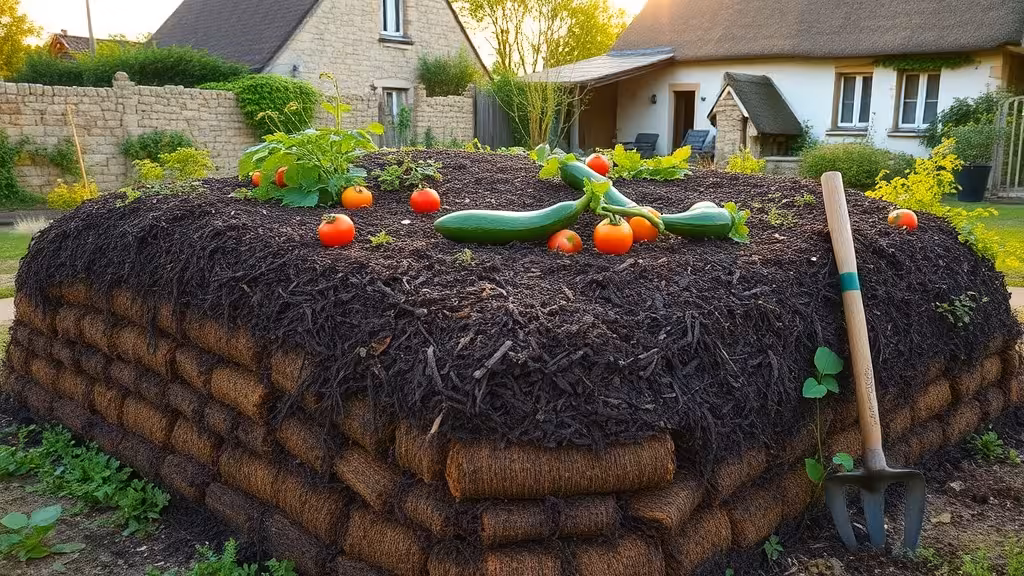 Butte de permaculture en production, paillée au BRF, légumes divers en croissance dans un jardin amateur