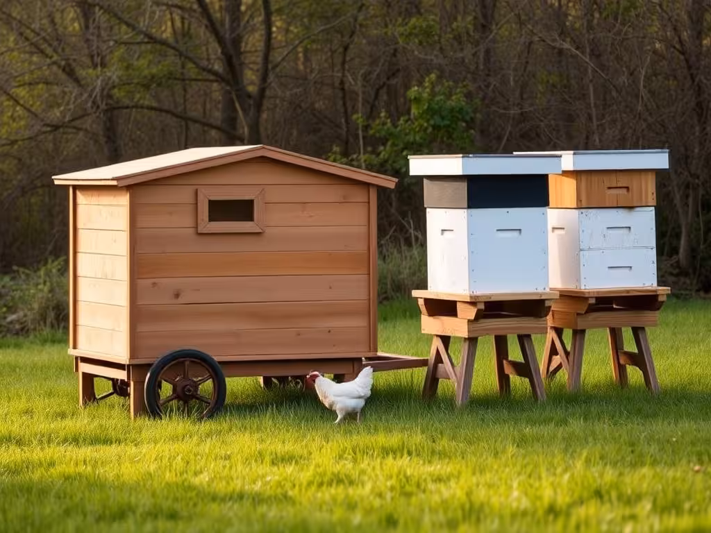 Petit élevage de permaculture : poules mobiles et ruches dans un jardin amateur