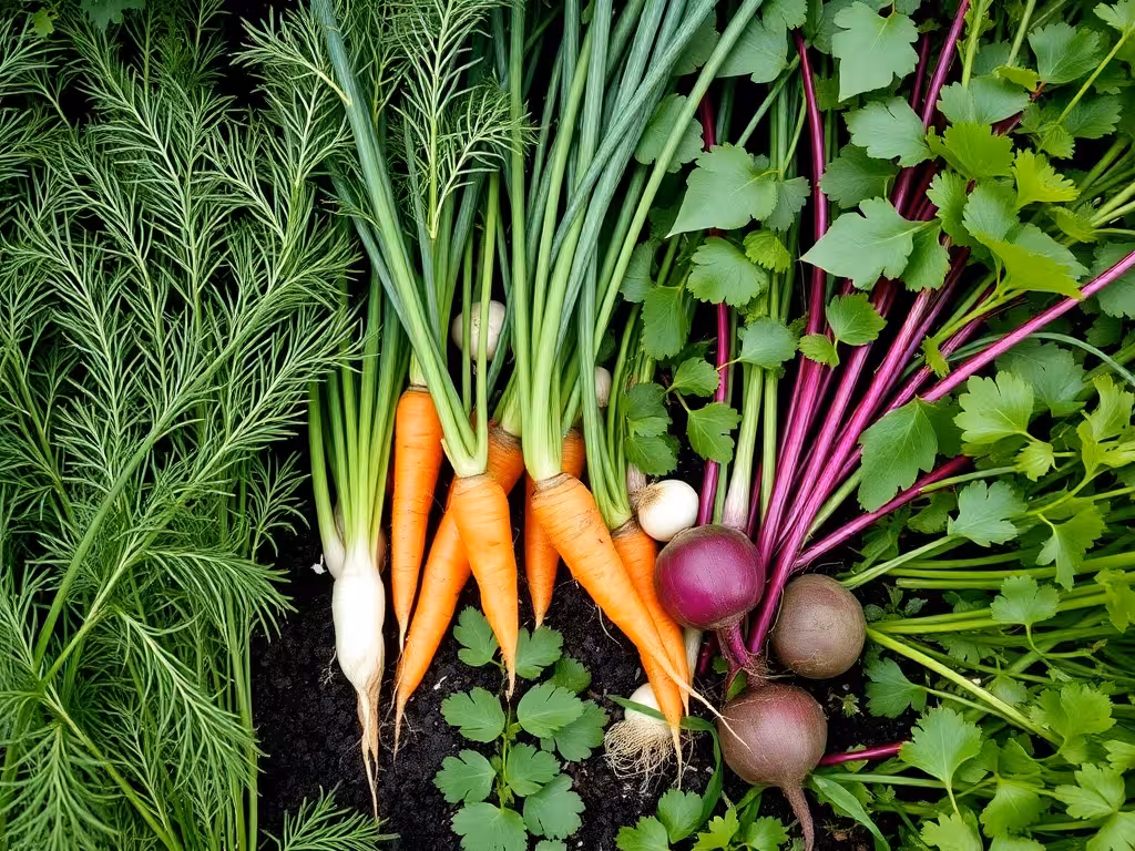 Cultures associées denses en permaculture : carottes, alliums, betteraves et herbes aromatiques entrelacées